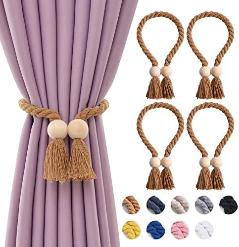 Pretty Jolly 2 Pack Wooden Ball Magnetic Curtain Tiebacks Boho Home Decor Drape Tie Backs Natural Cotton Hand Woven Rope Curtain Holdbacks for Thin & Thick Home & Office Window Draperies (Black)