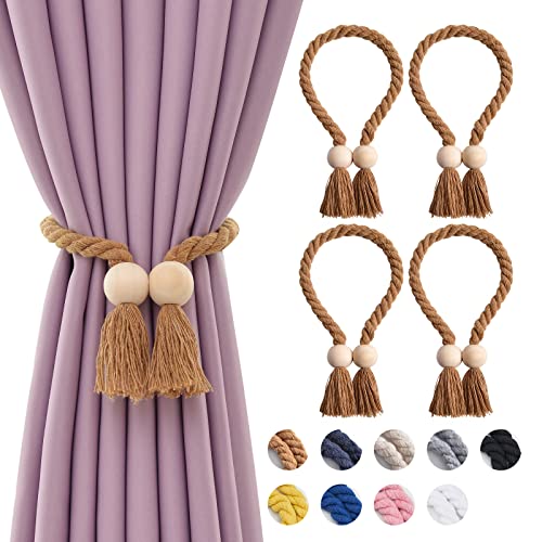 NICEEC 4 Pack Wooden Ball Magnetic Curtain Tiebacks Boho Home Decor Drape Tie Backs Natural Cotton Hand Woven Rope Curtain Holdbacks for Thin & Thick Home & Office Window Draperies (Light Coffee)