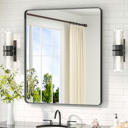 TETOTE Black Vanity Mirror 30 x 36 Inch Matte Metal Black Frame Mirror for Wall, Tempered Glass, Modern Farmhouse Wall Mounted Mirror for Decorative(Horizontal/Vertical) by TETOTE - Used condition - US$82.75