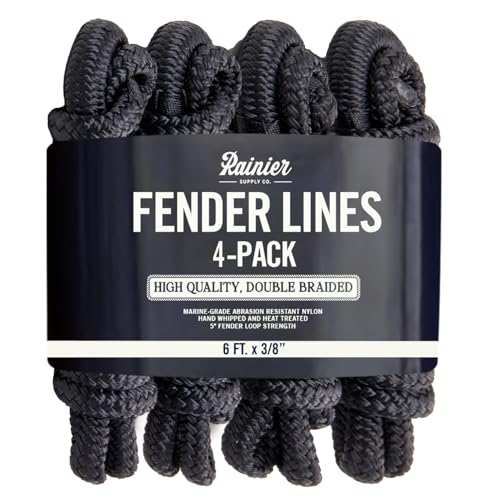 RainierSupplyCo Boat Fender Lines - 4 Pack Bumper Rope Dock Lines - 6 x 3/8 Premium Double Braided Nylon Boating Ropes for Docking with 5 Loop - Mooring Ties & Boat Accessories - Black