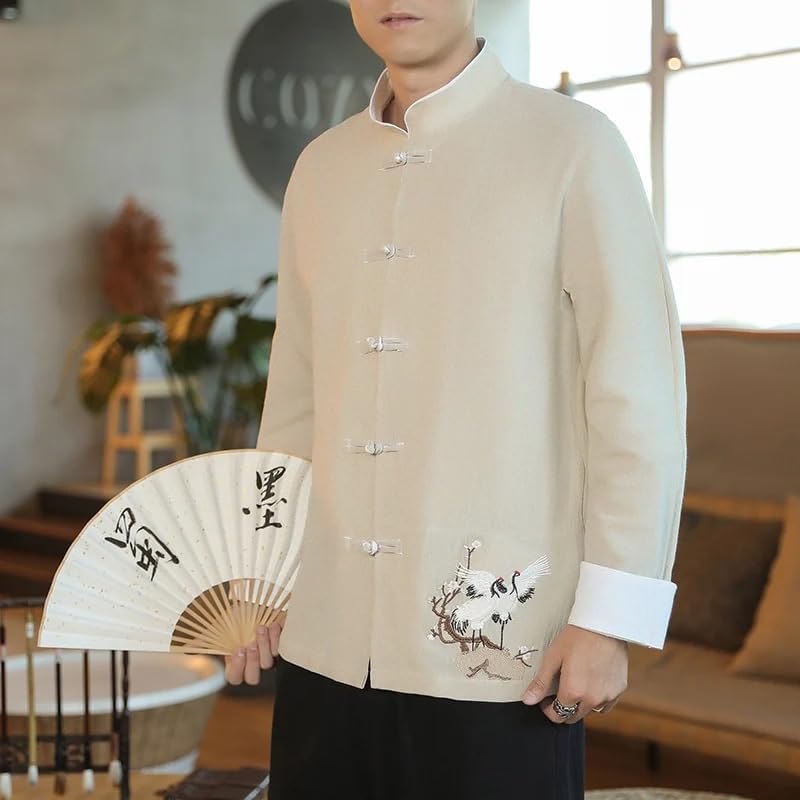 Men Shirts Traditional Long Sleeve Embroidered Chinese Style Retro Cardigan Stand Collar Tang Suit Mens Top