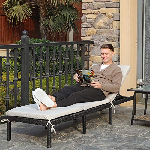 Songmics Sun Lounger, Sunbed With 5 Cm Thick Mattress, Rattan-Like Surface, Reclining Backrest, 198 X 59 X 28 Cm, Load Capacity 150 Kg, For Garden, Terrace, Beige And Black GCB027M01 - 2