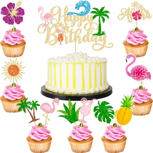Ephlyn 33Pcs Summer Beach Happy Birthday Cake Topper Tropical Cupcake Toppers Flamingo Flower Palm Tree Cake Decorations for Summer Hawaiian Birthday Party Supplies Gold Multicolor