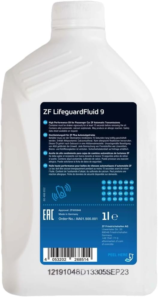 ZF AA01 500 001 Automatic Transmission Fluid Lifeguard Fluid 9, 1 Liter