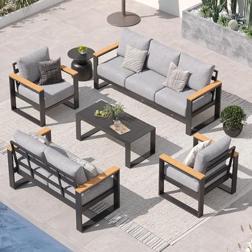 Image of Sundale Outdoor Aluminum Patio Furniture Set, 5 Piece Outdoor Conversation Sets with Coffee Table and 6 inch Thick Olefin Cushions, All Weather Outdoor Sectional Set for Deck, Lawn, Yard (Grey)