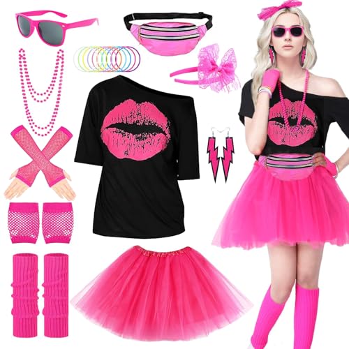 Disfraz de los 1980 para Mujeres, 24 Conjunto accesorios de disfraces Años 80 90,Temáticas con Tutus, Guantes, Collar, Riñonera,Gafasy más Ideal para Fiesta Disco o Temática (Rosa, M)