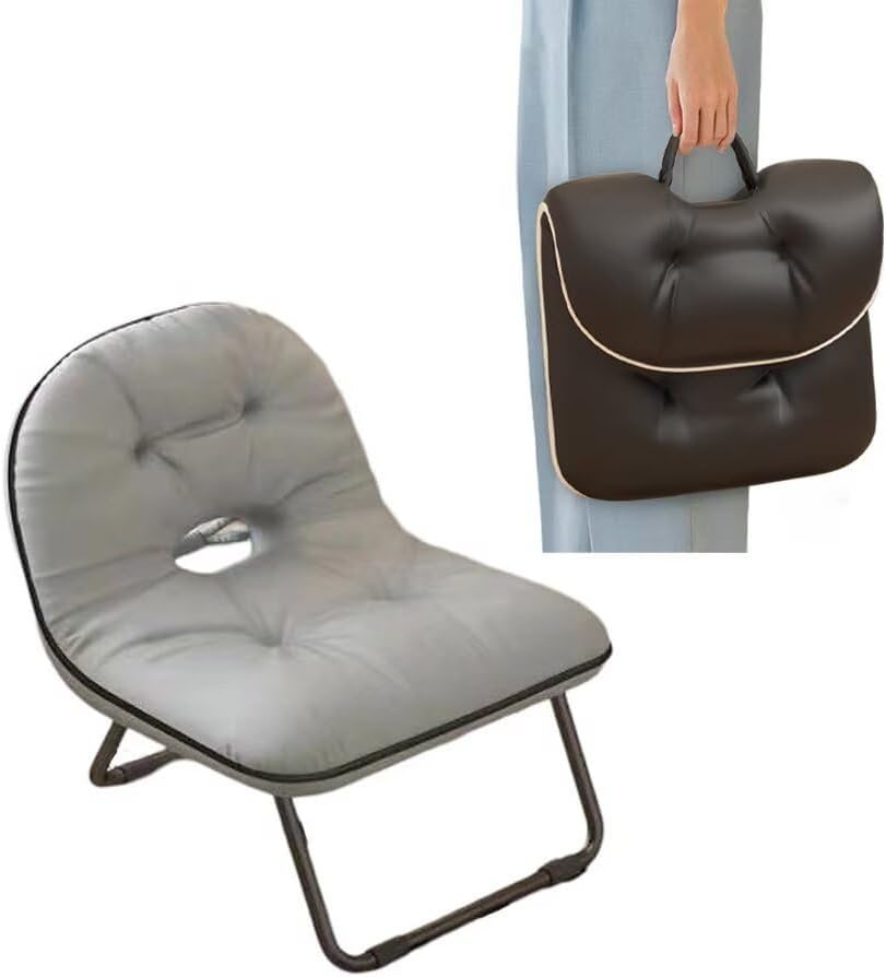 折りたたみチェア 背もたれ付き 軽量 座椅子 腰が痛くならない コンパクト 折り畳み椅子 屋内外用 収納簡単 ハンドル付き (グレー