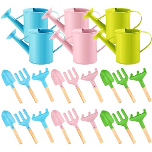Sunnychicc 24 Pcs Kids Gardening Tool Set Metal Garden Tools Including Watering Can Rake Shovel Fork with Wooden Handle Colorful Kids Gardening Tools Little Gardener Tool Set for Boys and Girls