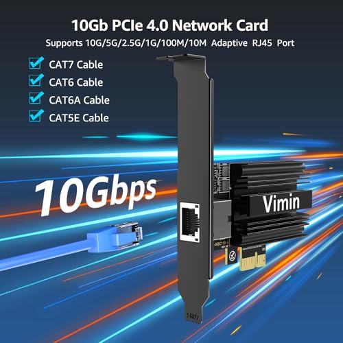 Image of 10G PCIE4.0x1 Network Card, Marvel AQC113 Controller, VIMIN 10Gb Base-T Ethernet Adapter Card Compatible with PCI Express X1,X4,X8,X16, 10G NIC RJ45 Port Support Windows /Windows Server /Linux /VMware