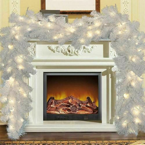 White Christmas Garland with Lights, 5.5M/18FT Christmas Garland Decorations Illuminated with 100 LED Lights for Fireplaces Stairs Home Decorated Christmas Ornament Decoration