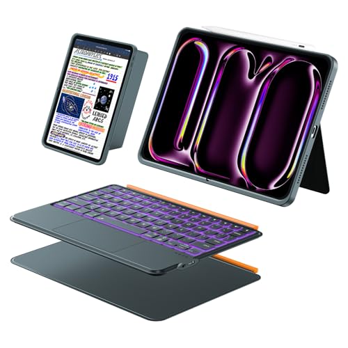iPad Pro 13�C���` �L�[�{�[�h�t���P�[�X (M5 2025, M4 2024) �t���b�N�X���C���O���\�o�b�N���C�g�L�[�{�[�h�P�[�X , ��^�}���`�g���b�N�p�b�h, ������/�c���� 160°���߉\�ȃX�^���h, �X�����ȕی�P�[�X (�O���[)
