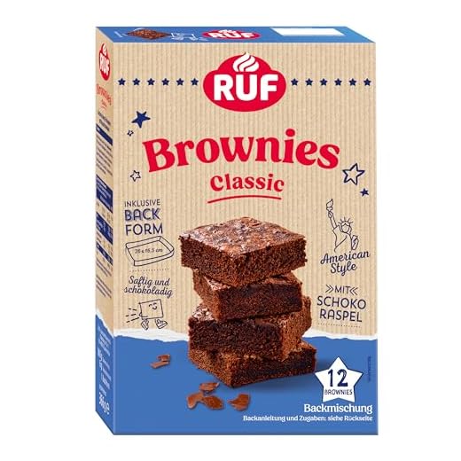 RUF Classic Brownies, Backmischung für saftig schokoladige Chocolate-Brownies im American Style mit Schoko-Raspel, inkl. Backform, 12 Brownies, 366g