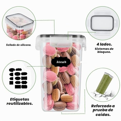Miniatura 4 de Baozun Botes Cocina Almacenaje 8 Piezas, Recipientes Para Alimentos De Plástico De Alimentos Sellados Con Tapa, Se Utiliza Para Almacenar Cereales, Pasta, Arroz, Harina 2.8l 2l 1.4l 0.8l