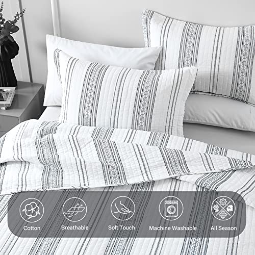 Finlonte Quilt King Size, King Quilt Set, White Navy Striped Quilt, 100% Cotton King Quilt Bedding Set, Lightweight Reversible Bedspread For King Bed, All Season, 3 Pieces #TOP3