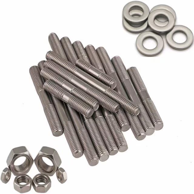 Generic 2pcs M10 x 90 mm (1.5mm Pitch) Stainless Steel Double Headed End Threaded Rod Stud Screw Bolt with Nuts Washers Abbott, Silver