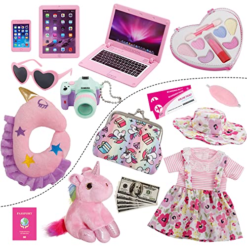 Windolls 18 Inch Doll Suitcase Travel Luggage Play Accessories - 18" Doll Clothes Accessories Travel Carrier Storage Set, Include Case, Doll Clothes, Hat, Sunglasses, Camera, Pillow, Toy Pet, Etc #TOP1