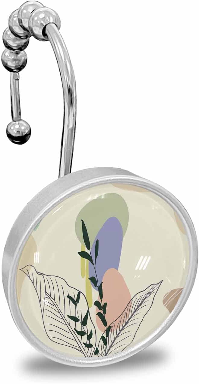 Shower Curtain Hooks 12 Pcs, Boho Abstract Geometric Leaf Plants Kahki Stainless Steel Rust Proof Rolling Shower Curtain Rings, Decorative Shower Curtain Hooks Hangers for Bathroom, Bath Ball