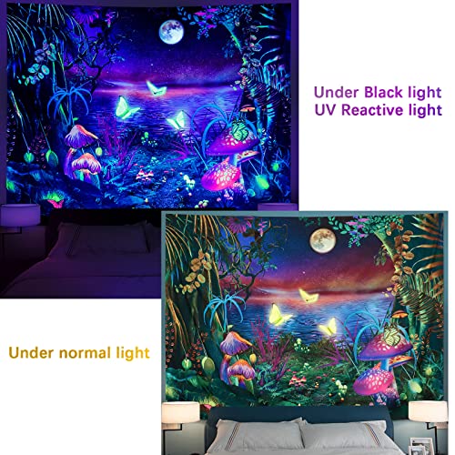 Serborlur Blacklight Fantasy Forest Tapestry Trippy Aesthetic Moon Tapestry Uv Reactive Butterfly Tapestries Galaxy Space Mushroom Tapestry Wall Hanging For Bedroom Living Room #TOP3