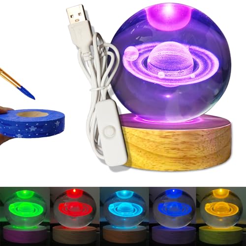 KAZETEC 3D Saturn Crystal Ball 3.15" / Wooden USB Switch Base with LED Gradient Lighting/Saturn Ring Model Decor/Birthday, Christmas, Valentine's Day, Christmas Gifts