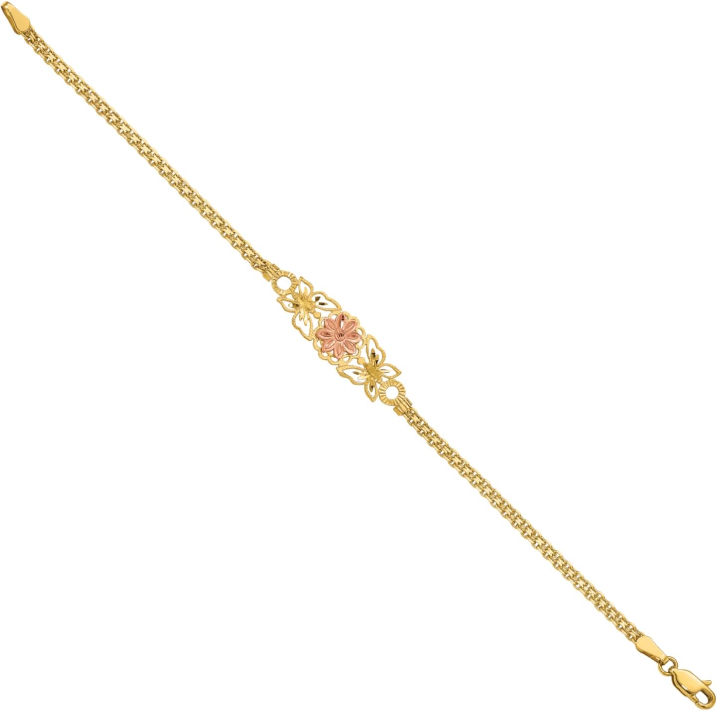 IceCarats 14K Solid Two Tone Gold Filigree 3mm Butterfly Flowers Charm Bracelet 7 inch Polished, Textured For Her
