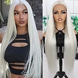 Maycaur 30 Inch Platinum White Hair Synthetic Lace Front Wigs Light Yaki Glueless HD Lace Wigs Natural Hairline Pre-Plucked Long Straight Wigs for Black Women