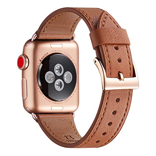 WFEAGL Compatible iWatch Band 42mm 44mm, Top Grain Leather Band with Gold Connector (The Same as Series 5/4/3 with Gold Aluminum Case in Color) for iWatch Series 5/4/3/2/1 (Brown Band+Rosegold Connector)