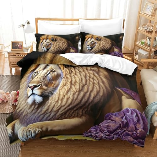 Parure de couette lion 3D microfibre lavable 220x240cm avec 2 taies d'oreiller - 3