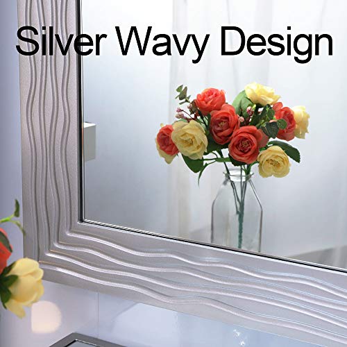 Chende Large Wall Mirror For Dining Room Decor, 41"X30" Silver Accent Mirror With Wave-Shaped Design Frame, Rectangle Wood Mirror For Bathroom, Horizontal Or Vertical Hanging #TOP1