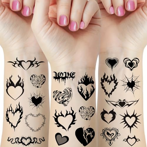 12 Sheets Gothic Heart Temporary Tattoos. Black Flame Love Art.