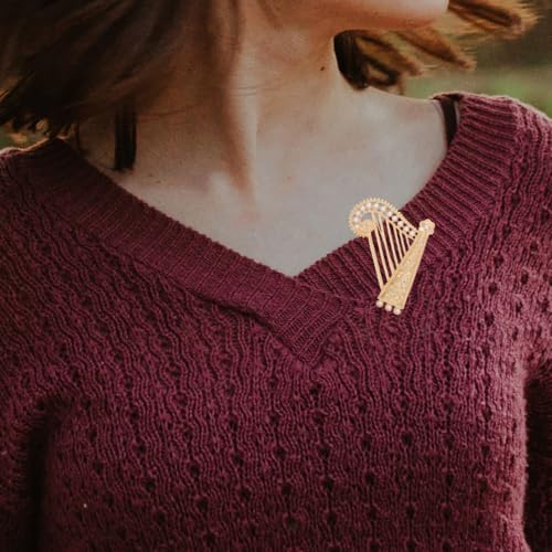 Image of CALLARON Rhinestones Brooch Pin - Elegant Gold Harp Brooch for Women, Vintage Instrument Cltohes Pin, Metal Musical Instrument Lapel Pin, Evening Dress Jewelry Hat Pin Accessory