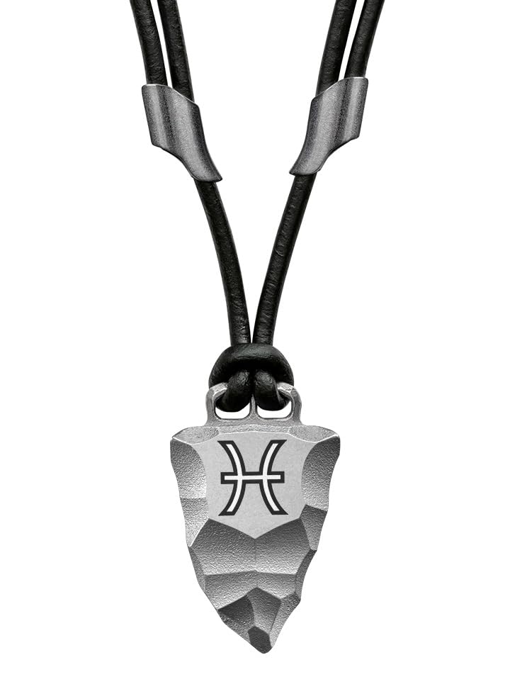Element of Gods – Titan Faustkeil Sternzeichen Kette für Herren – Zodiac Anhänger mit Lederband in schwarz – Astrologie Geschenk für Männer (Fisch)