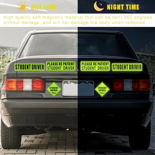 Image of PEUTIER 3pcs Student Driver Magnets, Please Be Patient Student Driver Sticker Reflective Bumper Stickers New Student Driver Magnetic Sign Road Safety Sign for Car (Green), Medium