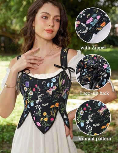 Image of SCARLET DARKNESS Corset Tops for Women Renaissance Costume Floral Lace Up Boned Bustier with Zip