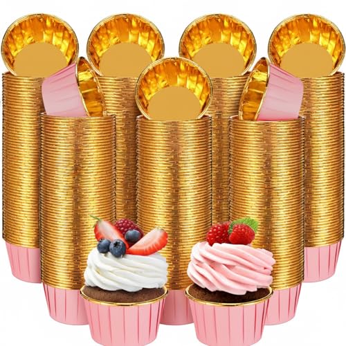 Image of 300 Pack Pink Gold Cupcake Liners Bulk Disposable Foil Muffin Cup