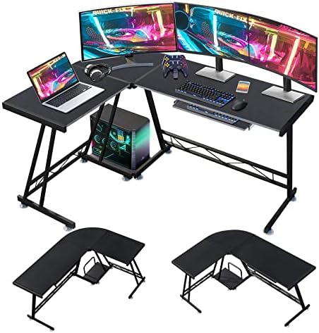dreamlify Reversible L-Shaped Modern Gaming Pull-Out Keyboard Tray Corner CPU Stand Computer Desk for Home Office Workstation Space Saving, Black