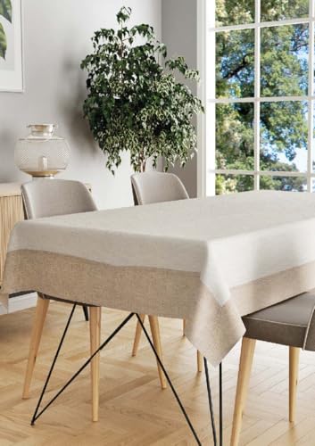 Autrefois Nappe Brodée Rectangulaire 160x250 cm avec 8 Serviettes Inclus, Nappe Lin métissé pour Salle à Manger, Cuisine, Jardin, Nappe Bicolor Lin Ivoire