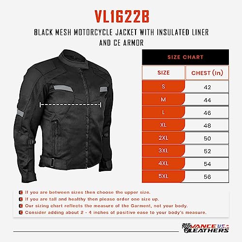 Vance Advance Lightweight Mens All Weather Season Ce Armor Mesh Motorcycle Jacket (Black, 4Xl) #TOP1