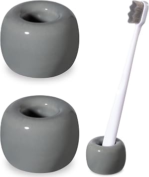 Urbanstrive Sleek Mini Ceramics Toothbrush Holder Stand for Bathroom Vanity Countertops Gray 2-Pack