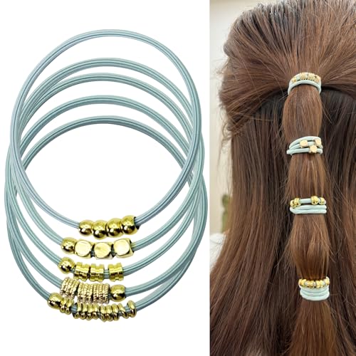Green Elastic Pony Tail Hair Tie Bracelet for Women, Cute Ponytail Holders Bracelets with Gold Metal Beads Stretchy Decorative Hair Bands with Charms Beaded Ponytail Accessories No Damage