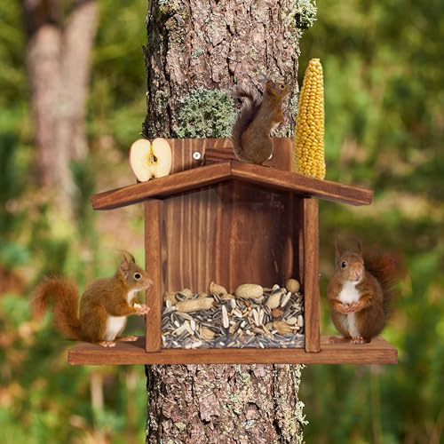 MIXUMON Wood Squirrel Feeder, Squirrel Feeders for Outside Winter, Wooden Chipmunk Feeder for Corn, Peanuts, Durable Box Easy to Fill with Removable Front Panel (Style 2)