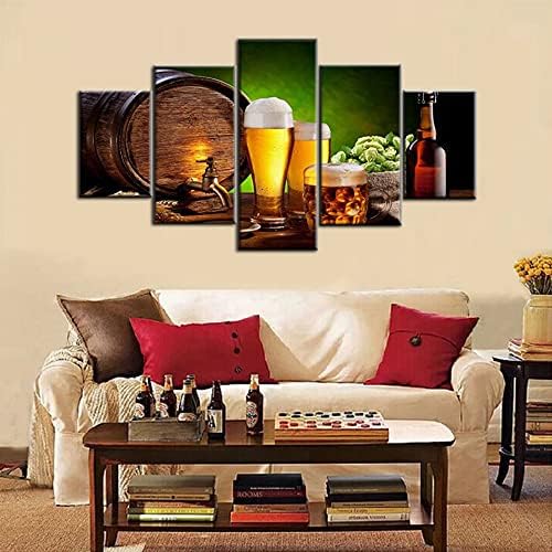 Canvas Wall Art Beer Glasses and Barrel on Wooden Table Pictures Fresh Hops Artwork Multi Panel Prints Pantings for Living Room Home Decor Giclee Framed Gallery-Wrapped Ready to Hang(60''Wx32''H)