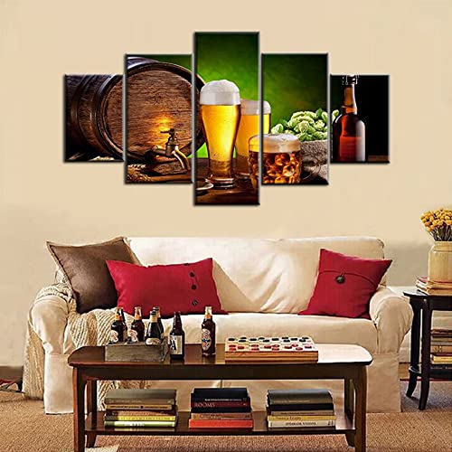 Canvas Wall Art Beer Glasses And Barrel On Wooden Table Pictures Fresh Hops Artwork Multi Panel Prints Pantings For Living Room Home Decor Giclee Framed Gallery-Wrapped Ready To Hang(60''Wx32''H) #TOP5