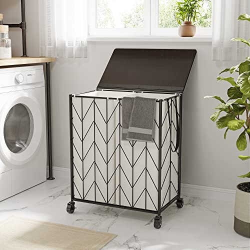 Wowlive Laundry Basket With Wheels, Heavy Duty Laundry Hamper With Wood Lid, Clothes Hamper With Divided Removable Liner Bag, Large Capacity Iron-Made Laundry Sorter Laundry Room Organization (Beige) #TOP2