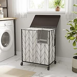 WOWLIVE Laundry Basket with Wheels, Heavy Duty Laundry Hamper with Wood Lid, Clothes Hamper with Divided Removable Liner Bag, Large Capacity Iron-Made Laundry Sorter Laundry Room Organization (Beige) WOWLIVE Laundry Basket with Wheels Heavy Duty Laundry Hamper with Wood Lid Clothes Hamper with Divided Removable Liner Bag Large Capacity Iron Made Laundry Sorter Laundry Room Organization Beige
