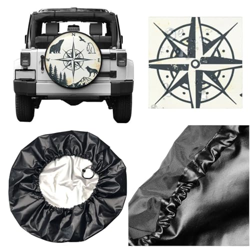 Image of Universal Fit Spare Tire Cover for RV, SUV, and Camper Trailers - Weatherproof Wheel Protector, Compass Animal Mountain Decorative Camper Spare Tire Cover 16 in