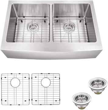 Farmhouse Kitchen Sink Stainless Steel Undermount 33 inch Apron Front 50/50 Double Bowl with Grid Set and Strainers 33"x20"x10" Apron Sink 50/50 Double Bowl 16 gauge