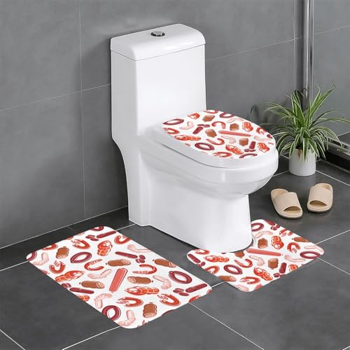 ハム ソーセージ 肉 トイレマット 3点セット フタカバー 浴室足ふきマット 吸水 速乾 滑り止め 抗菌 防臭 洗える ふわふわ おしゃれ プレゼント 40x60cm