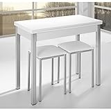 Materiales: Mesa de cocina con apertura libro con tapa de madera laminada en color blanco. Patas: Patas en aluminio.