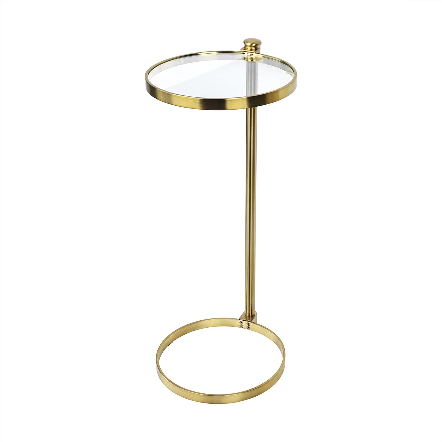 TEHOME Gold Glass Drink Table Metal Martini Round Small Drink Side Table for Couch Tempered Glass C Shaped End Table for Sofa 10" diam,24.55" h