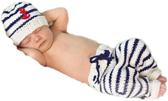 Newborn Baby Photo Prop Crochet Sailor Navy Stripe Anchor Hat Pants